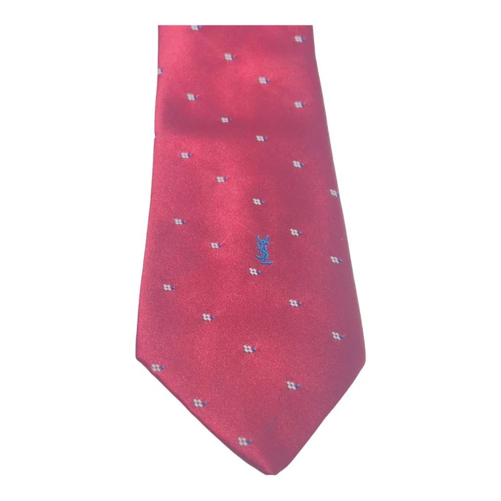 YSL Yves Saint Laurent Neckwear Vintage Men's Tie Red With Blue Logo 3.5
